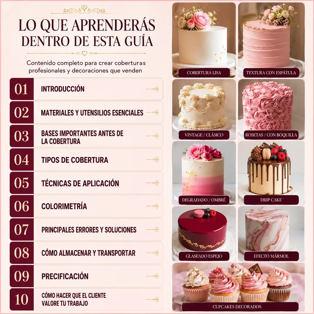 Lo que aprenderás dentro de esta guía — coberturas, técnicas y decoraciones